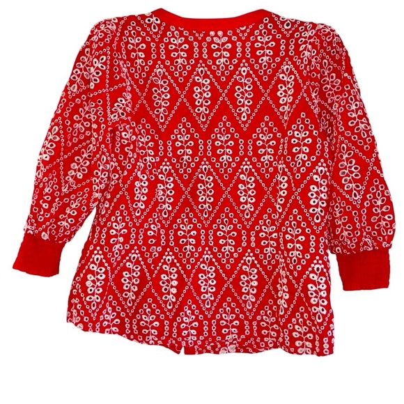 CAbi Lyric Red White Eyelet Embroidered Puff Sleeve Top Blouse Size M 6203 - Picture 3 of 15